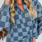Checkered Half Zip Denim Hoodie Top - DAVERRI FASHIONS
