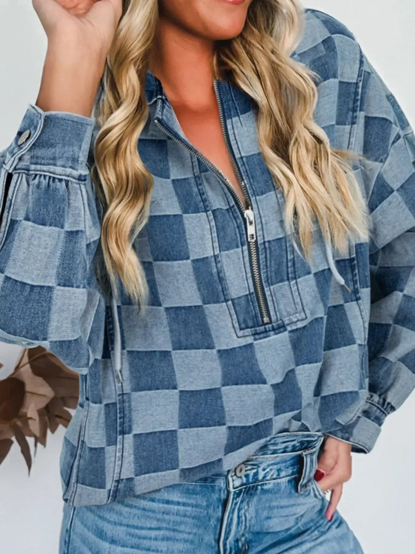 Checkered Half Zip Denim Hoodie Top - DAVERRI FASHIONS