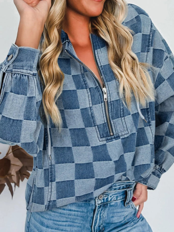 Checkered Half Zip Denim Hoodie Top | Hoodies Daverri Fashions