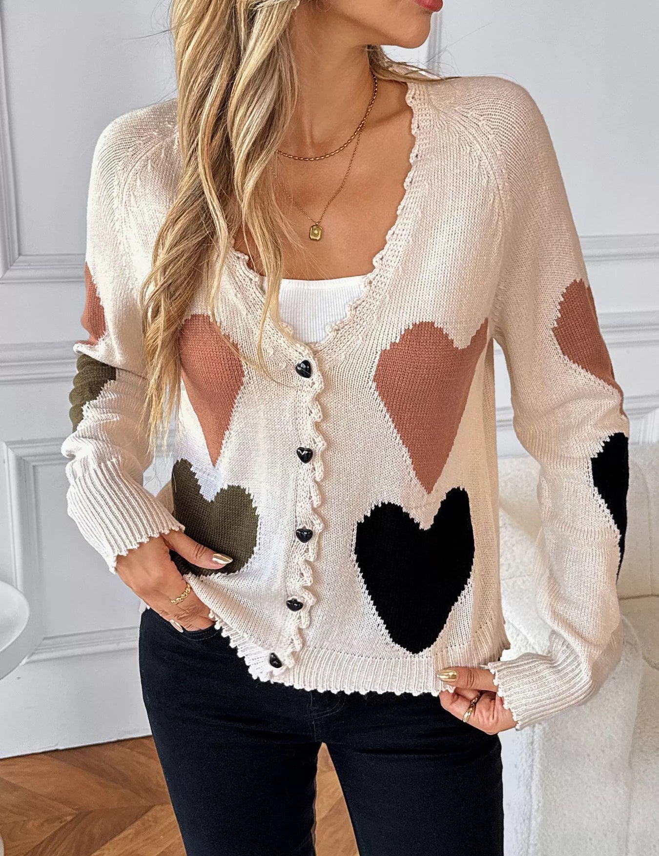 Apricot Heart Pattern Button-Up Cardigan | Cardigans Daverri Fashions