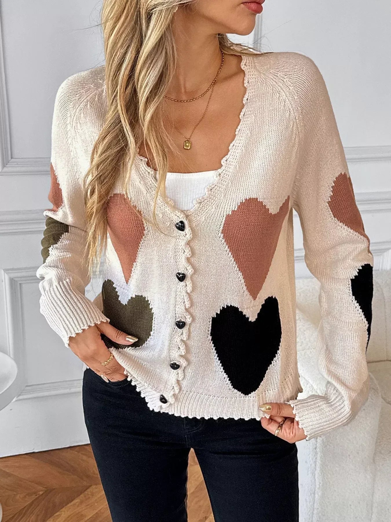 Heart Pattern Button-Up Cardigan - DAVERRI FASHIONS