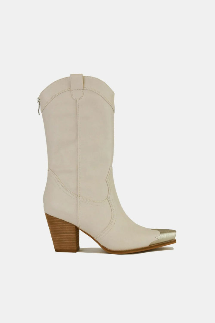 Beast Fashion Metal-Toe Block Heel Ankle Boots Ivory Footwear