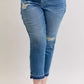 Judy Blue Full Size Mid Rise Bf Patch & Repair Destroy Release Hem Jeans Plus Size - DAVERRI FASHIONS