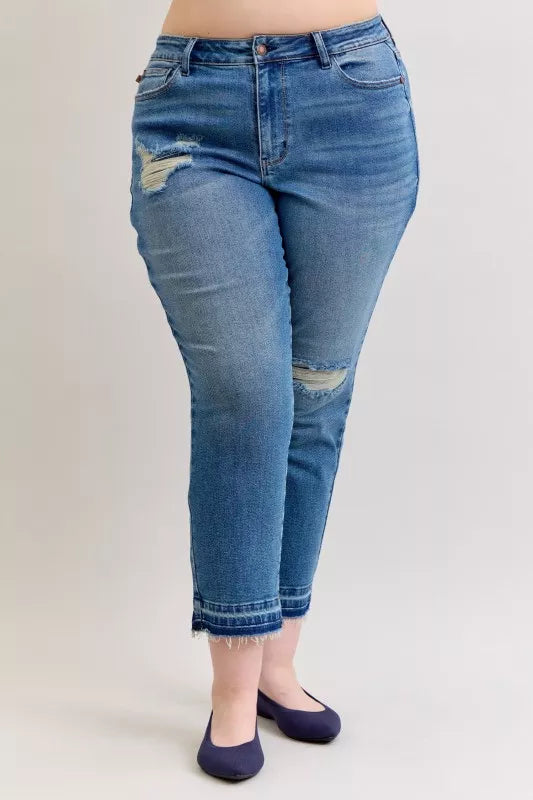 Judy Blue Full Size Mid Rise Bf Patch & Repair Destroy Release Hem Jeans Plus Size | Jeans Daverri Fashions