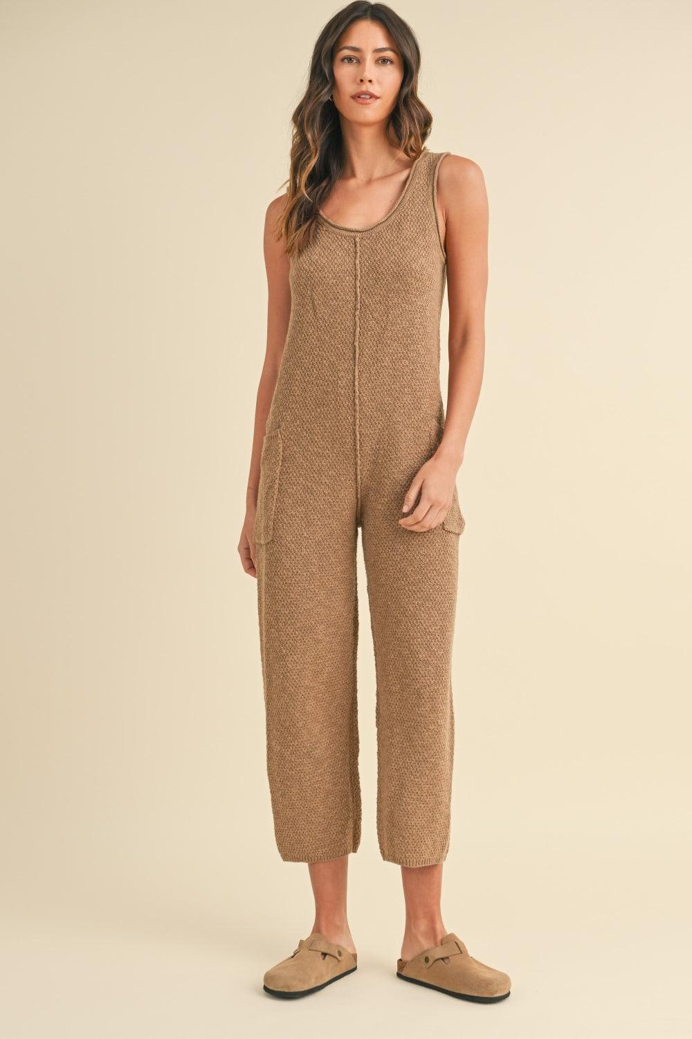 MABLE Sleeveless Knit Crop Jumpsuit with Pockets - DAVERRI FASHIONS