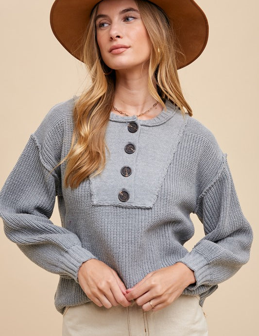 Annie Wear Half Button Ribbed Hem Sweater Gray