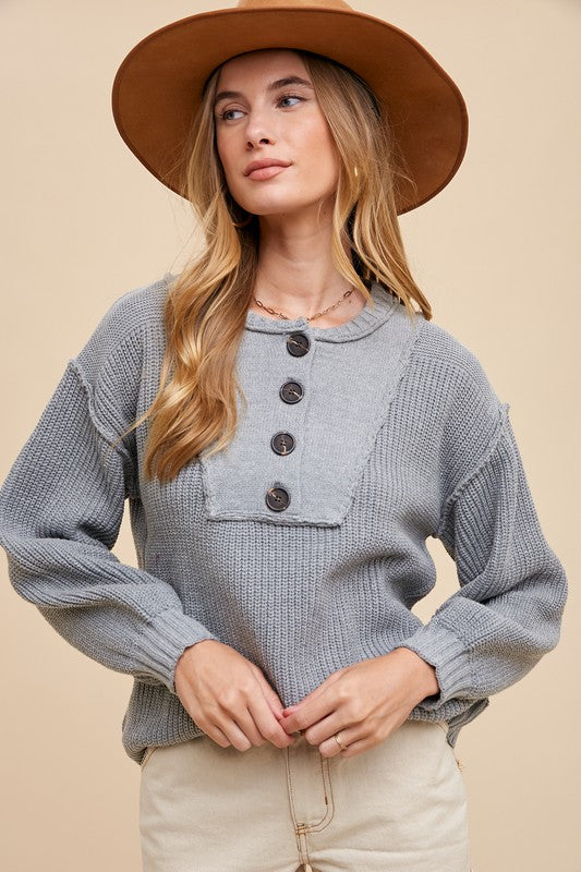 Annie Wear Half Button Ribbed Hem Sweater Gray