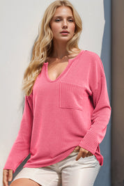 Pink ribbed knit V-neck long-sleeve top with striped front pocket