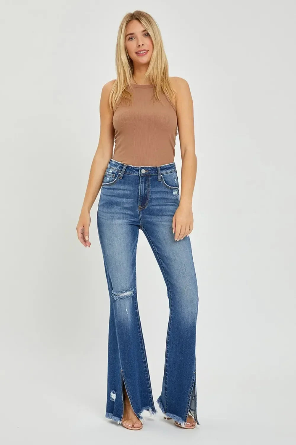 RISEN Full Size High Rise Front Slit Frayed Hem Flare Jeans - DAVERRI FASHIONS