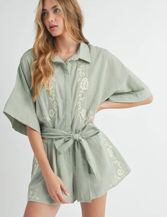Dusty Sage S MABLE Embroidered Button Down Collared Neck Romper | Rompers Daverri Fashions