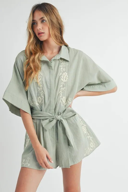 MABLE Embroidered Button Down Collared Neck Romper Dusty Sage Rompers