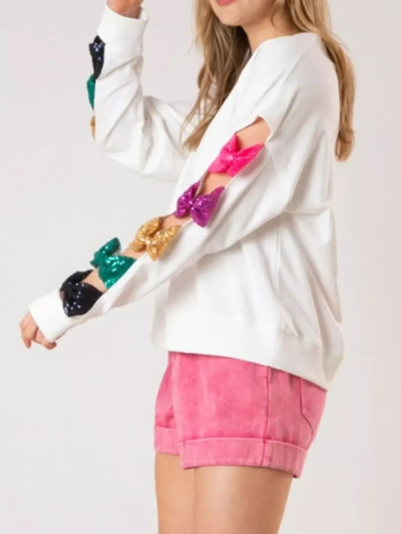Sequin Bow Cutout Round Neck Sweatshirt - DAVERRI FASHIONS