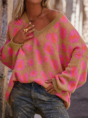 Strawberry Leopard Oversized V-Neck Sweater | Sweaters Daverri Fashions
