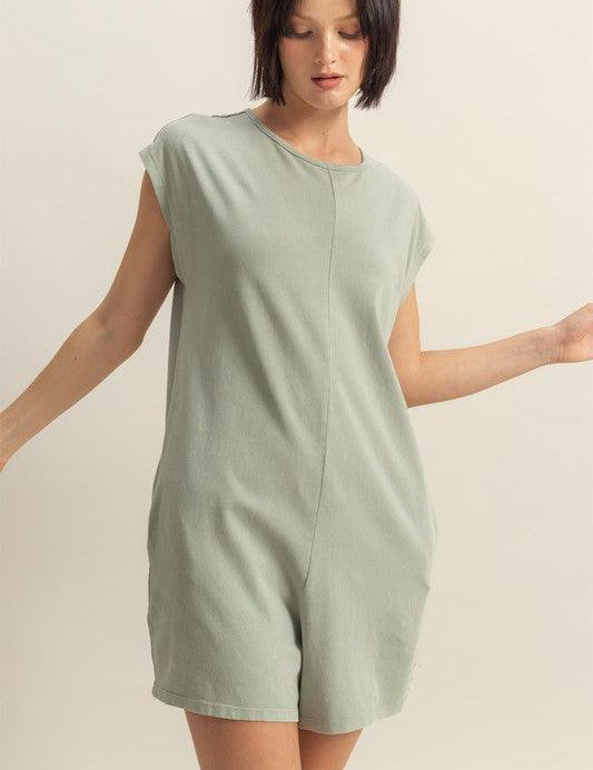 Sage HYFVE Round Neck Cap Sleeve Relaxed Fit Breezy Romper | Rompers Daverri Fashions