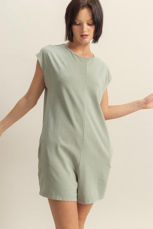 HYFVE Round Neck Cap Sleeve Relaxed Fit Breezy Romper Sage Rompers