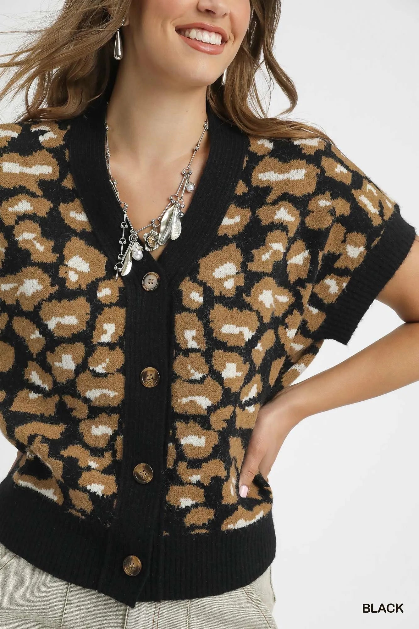 Umgee Leopard Button Down Short Sleeve Cardigan | Cardigans Daverri Fashions