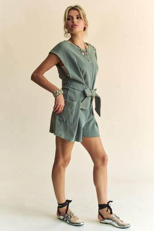 Davi & Dani Acid-Washed Waffle Knit Cuffed Sleeves Romper Rompers