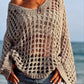 Beige off-shoulder crochet knit cover up with openwork pattern and bell sleeves
