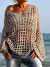 Beige off-shoulder crochet knit cover up with openwork pattern and bell sleeves