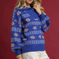 Umgee Floral Patterned Jacquard Quarter-Zip Pullover Sweater Ocean - DAVERRI FASHIONS