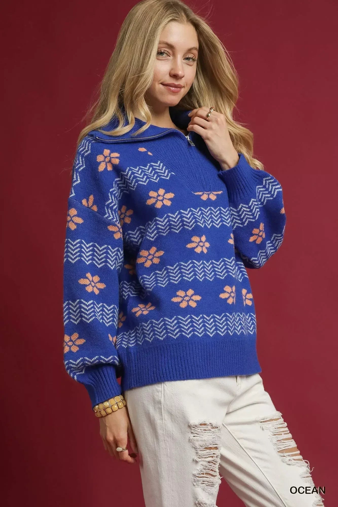 Umgee Floral Patterned Jacquard Quarter-Zip Pullover Sweater Ocean - DAVERRI FASHIONS