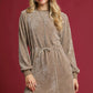 Umgee Velour Drawstring Mini Dress with Long Sleeves - DAVERRI FASHIONS