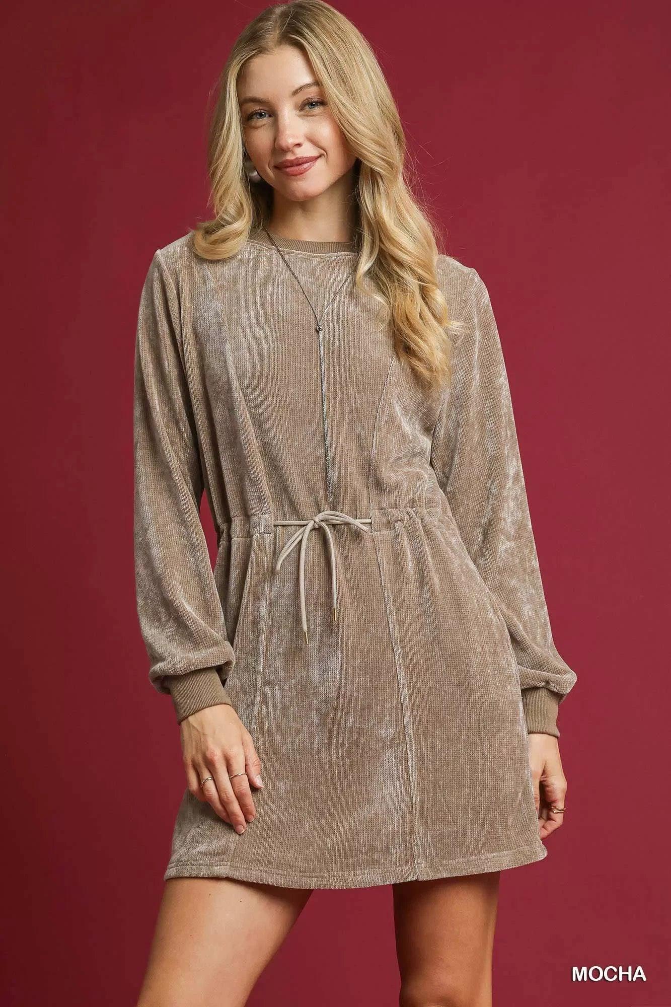 Umgee Velour Drawstring Mini Dress with Long Sleeves - DAVERRI FASHIONS