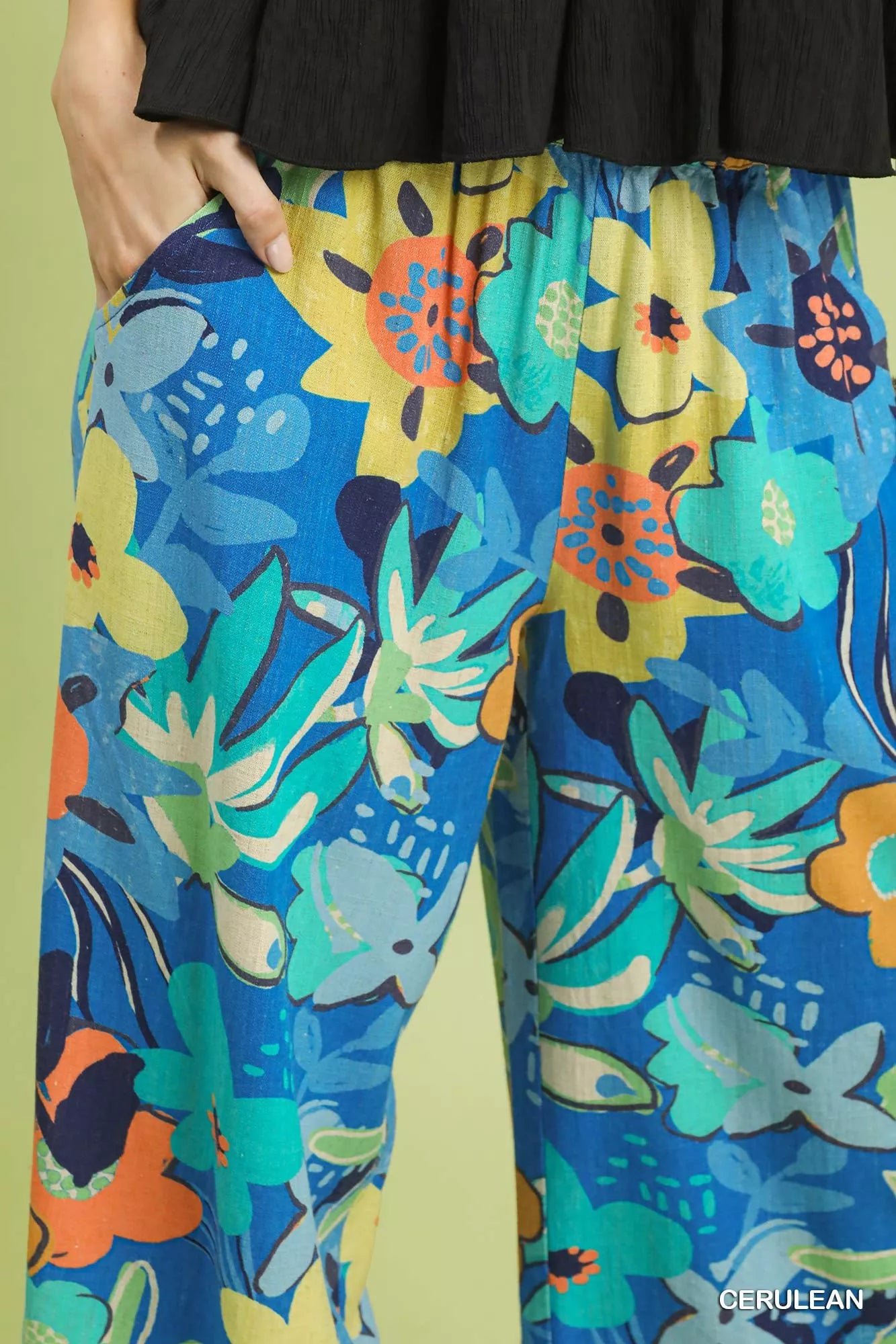 Umgee floral print wide-leg pants in vibrant blue with bold blossoms