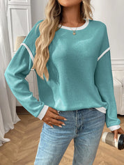 Ribbed Contrast Trim Long Sleeve Top | Knit Tops Daverri Fashions