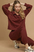 Umgee Exposed Seam Long Sleeve Polo Top with Side Slit MAHOGANY Tops