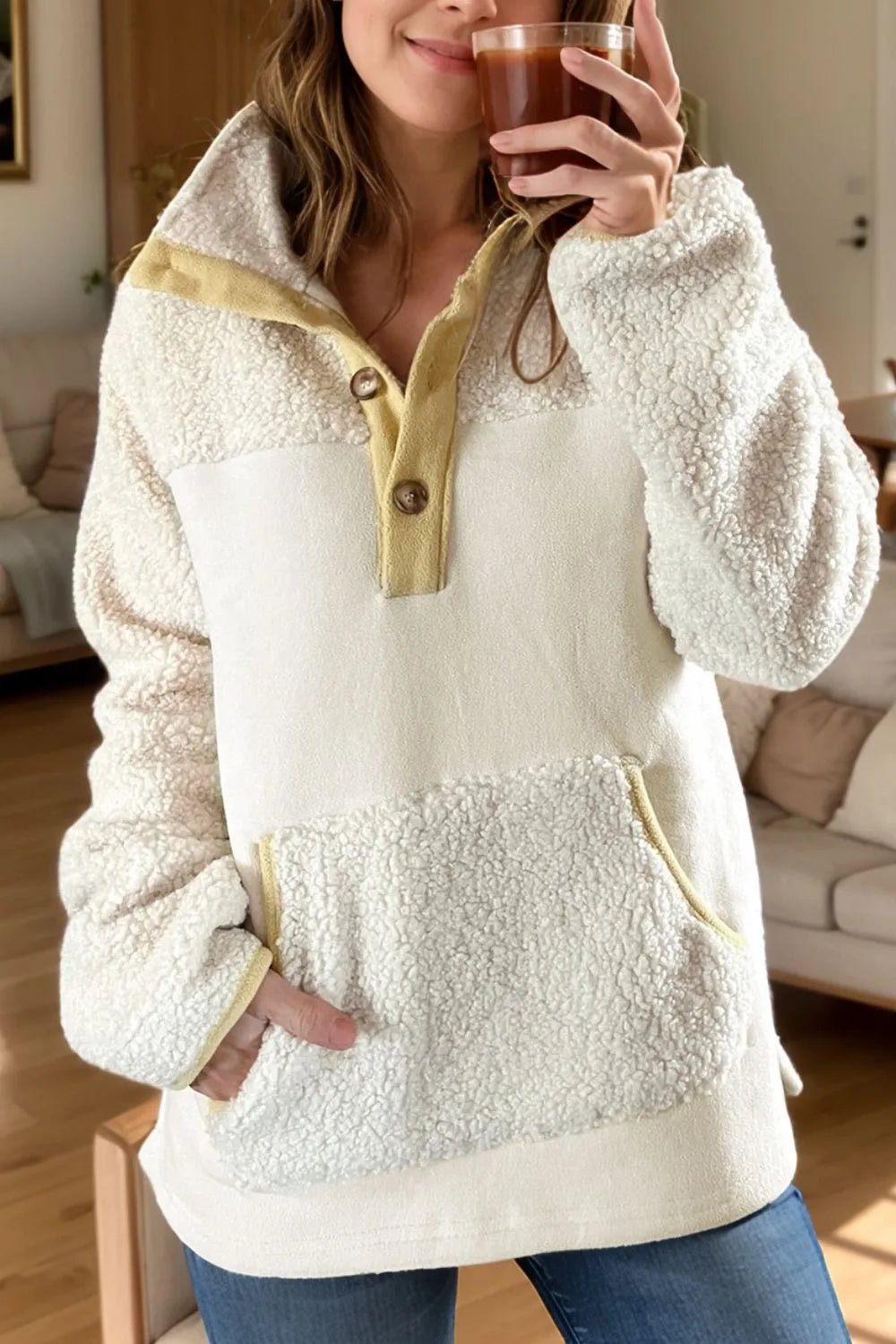White Mock Neck Long Sleeve Sherpa Sweatshirt | Sweatshirts Daverri Fashions