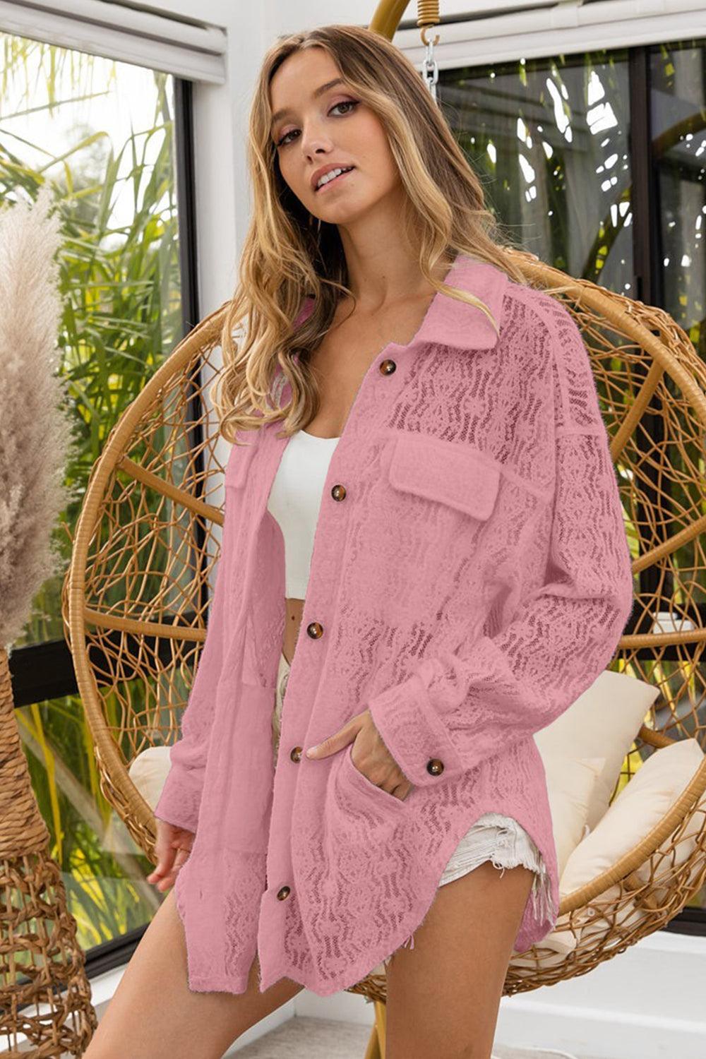 BiBi Oversized Lace Shacket with Front Pockets Vintage Rose M