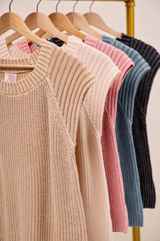 SO ME mineral washed beige ribbed knit raglan sleeveless sweater top