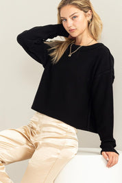 Cropped Hem Exposed Seam Sweater BLACK Tops