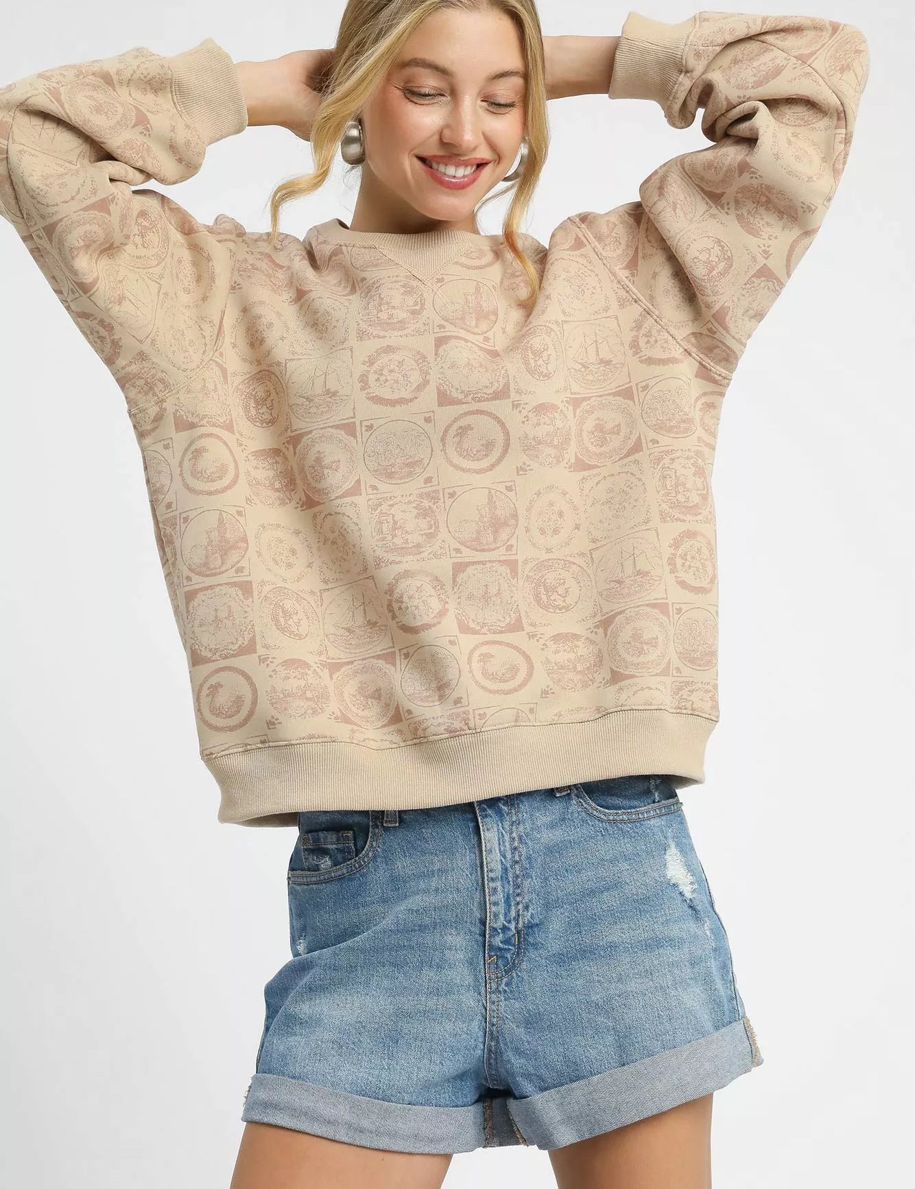 TAN Umgee Coin Stamp Print Sweatshirt | Sweatshirts Daverri Fashions