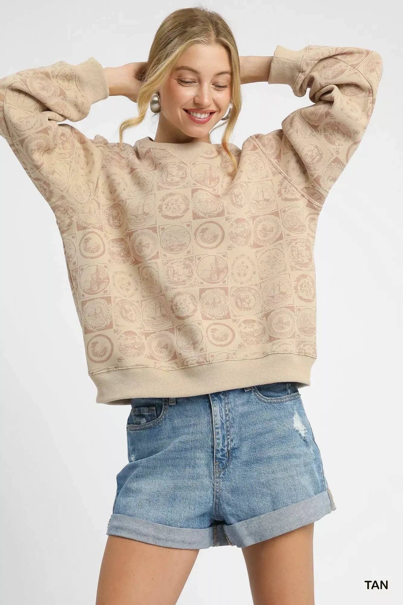 Umgee Coin Stamp Print Sweatshirt - DAVERRI FASHIONS