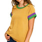 Zenana Mardi Gras yellow ribbed knit top with green purple striped cuffs