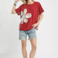 Umgee Mineral Wash French Terry Top with red patchwork flowers and checkered panels