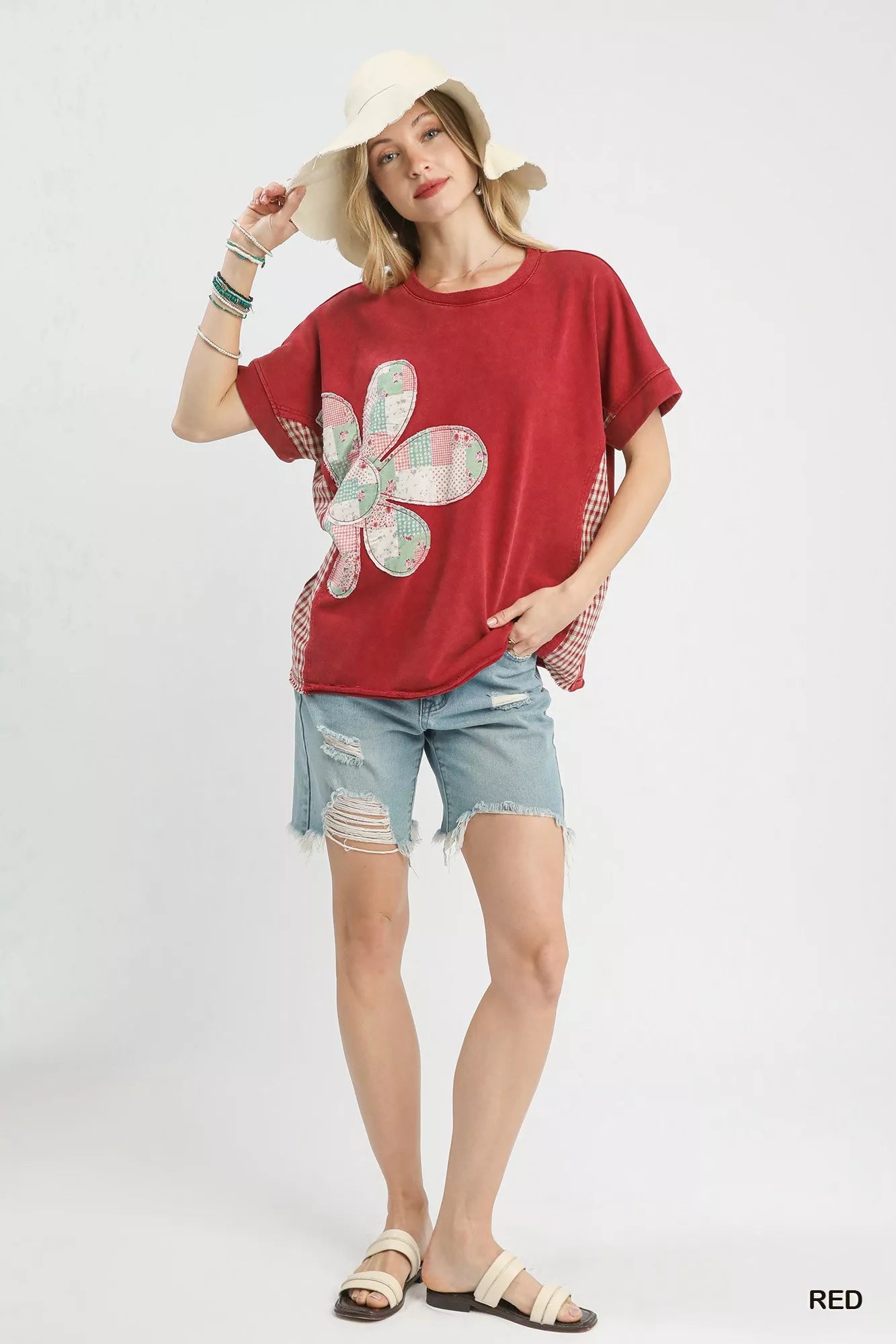 Umgee Mineral Wash French Terry Top with red patchwork flowers and checkered panels