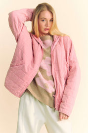 Davi & Dani Quilted Zip Up Dropped Shoulder Jacket Dusty Rose Jackets