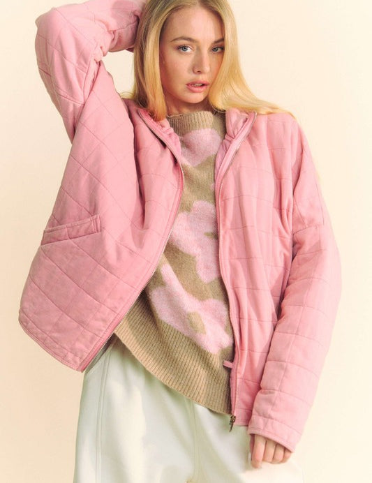 Davi & Dani Quilted Zip Up Dropped Shoulder Jacket Dusty Rose Jackets