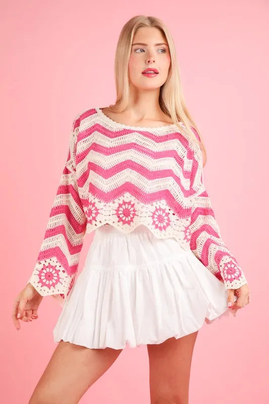 Pink VERY J Chevron/Floral Pattern Crochet Knit Top | Knit Tops Daverri Fashions