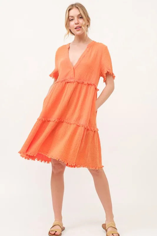 And The Why Washed Frayed Detail Tiered Dress Knee Length Dresses
