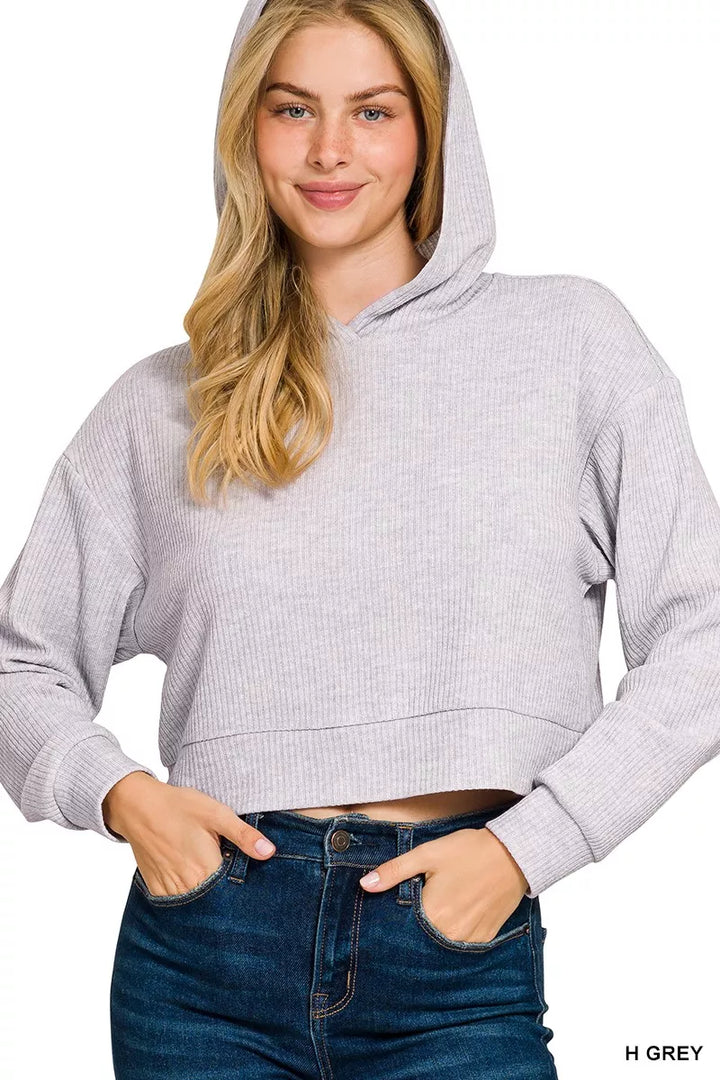 H GREY Drop Shoulder Ribbed Crop Hoodie Heather Grey | Hoodies Daverri Fashions