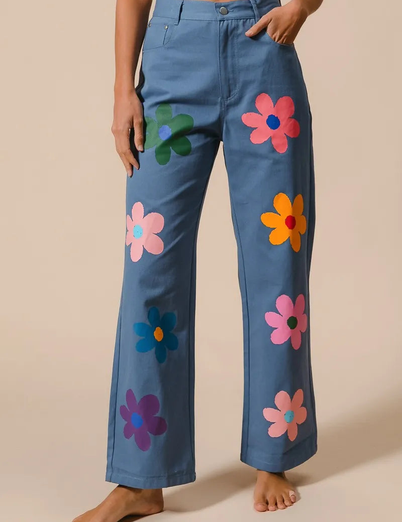 DENIM BiBi Flower Print Straight Legs Pants | Pants Daverri Fashions