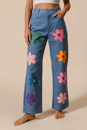 DENIM BiBi Flower Print Straight Legs Pants | Pants Daverri Fashions