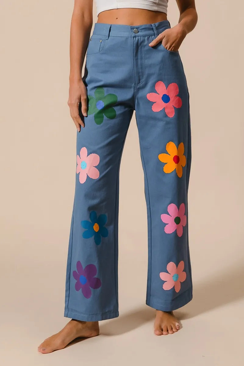 BiBi Flower Print Straight Legs Pants DENIM Pants