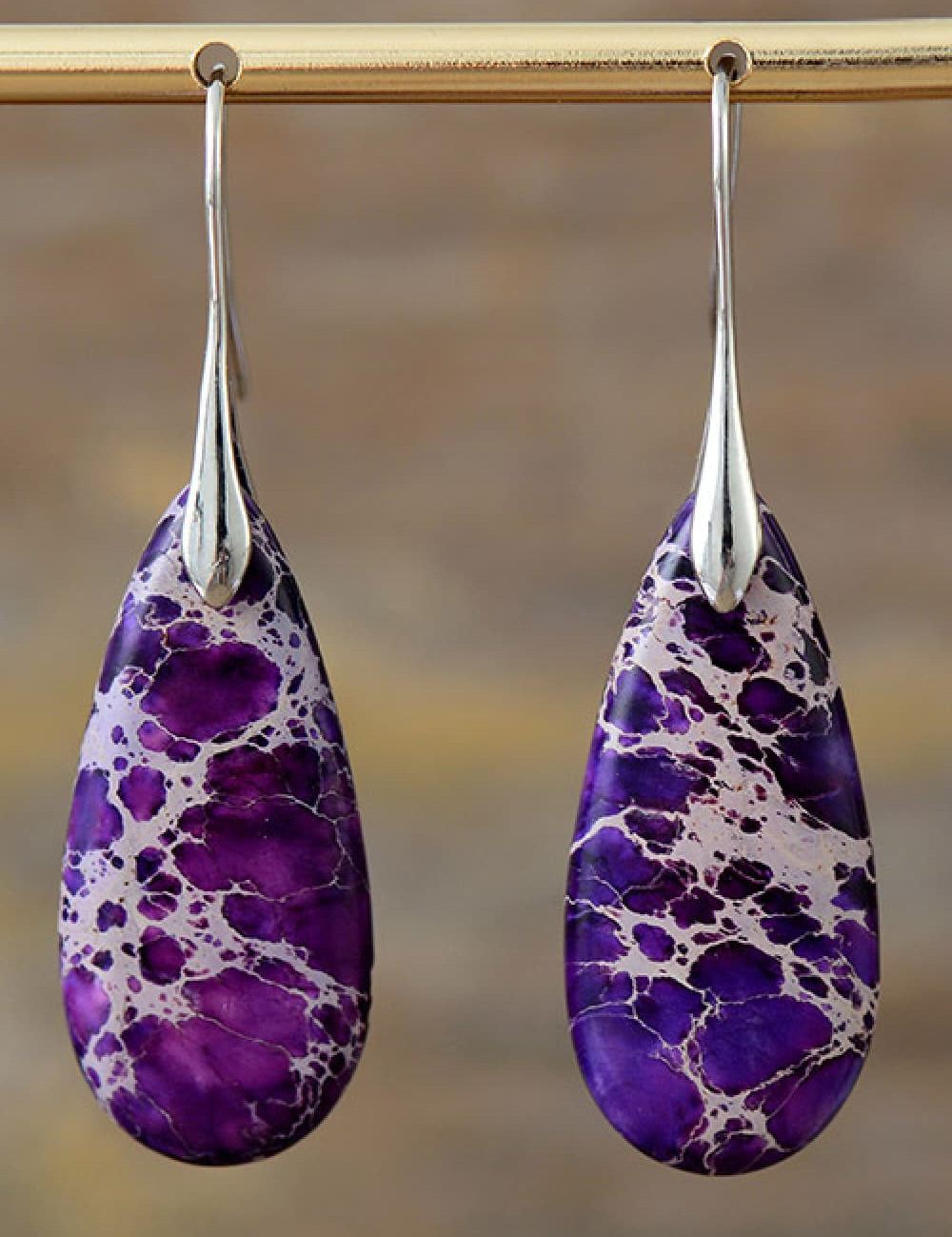 Purple Silver One Size Handmade Teardrop Shape Natural Stone Dangle Earrings | Earrings Daverri Fashions