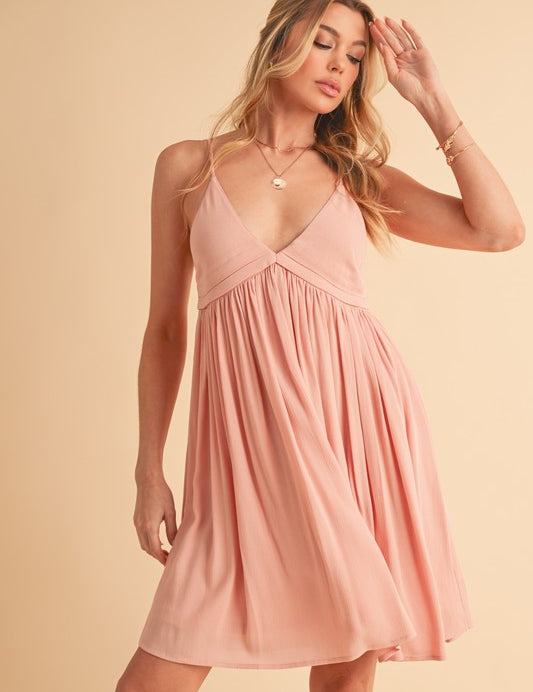 Aemi + Co Ruched Plunge Mini Cami Dress Petal