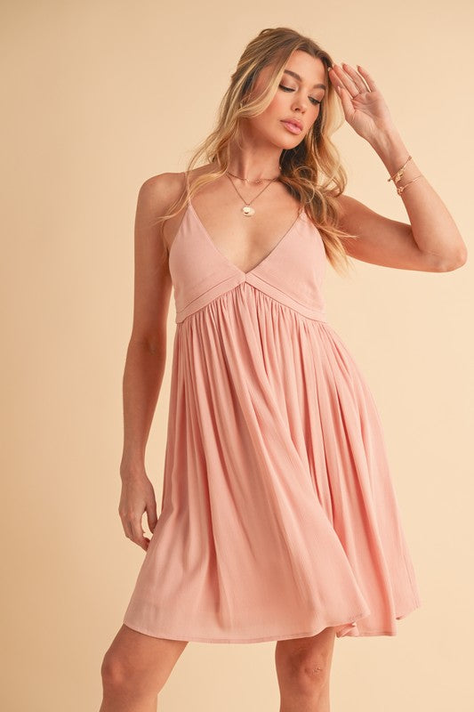 Aemi + Co Ruched Plunge Mini Cami Dress Petal